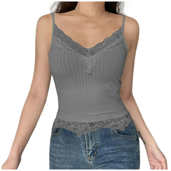 DuoJiaJ Lace Trim Ribbed Deep V Neck Crop Camisole For Women Slim Fit Sleeveless Tank Top Plus Size Women’s Cotton Tank Tops