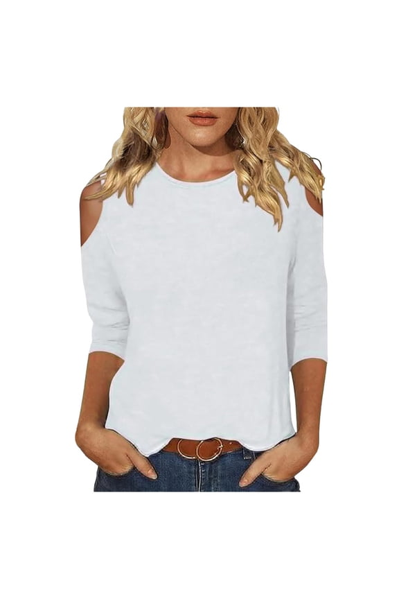 Ladies' Casual Fit V Neck Summer Fashion Off Shoulder Comfortable Seven Quarter Sleeve Top T Shirt Women’s V-Neck Tops White