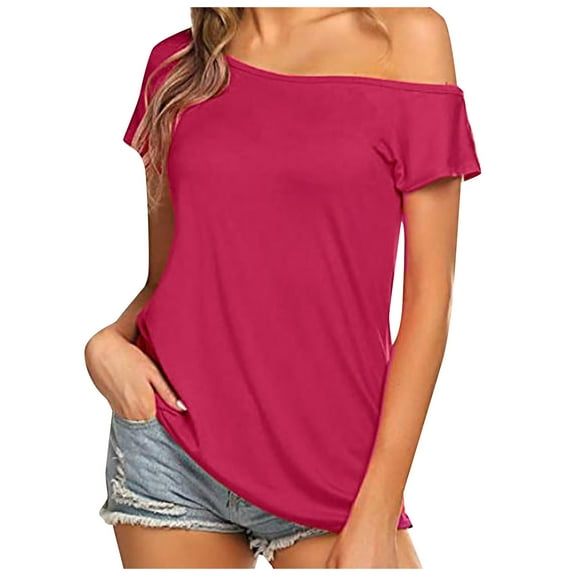 DuoJiaJ Ladies Casual Off Shoulder Solid Color Irregular Top Short Sleeve T Shirt Women’s Lace Trim Casual Blouses Red