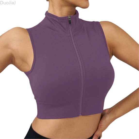 DuoJiaJ Ladies' Comfortable And Casual High Neck Zipper Quick Drying Sports Vest Women Workout Tank Tops Purple L