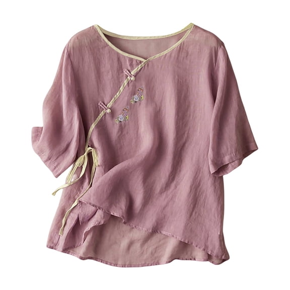 DuoJiaJ Ladies Fashion Casual Cotton And Linen Embroidery V Neck Seven Point Sleeve Comfortable Loose T Shirt Top Women’s Plus Size Long Sleeve T-Shirts Purple