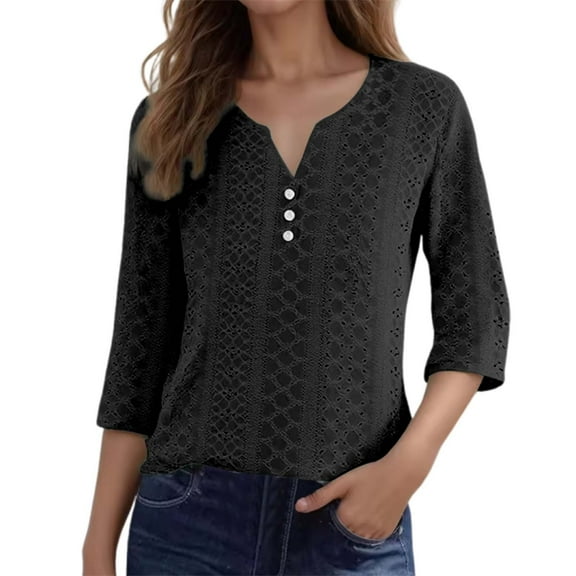 DuoJiaJ Ladies Fashion Casual Jacquard Three Quarter Sleeve Top Stylish And Comfortable Blouse For Everyday Wear Women’s Linen Blend Casual Tops Black
