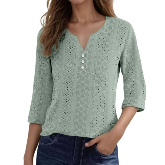 DuoJiaJ Ladies Fashion Casual Jacquard Three Quarter Sleeve Top Stylish And Comfortable Blouse For Everyday Wear Women’s Linen Blend Casual Tops Green