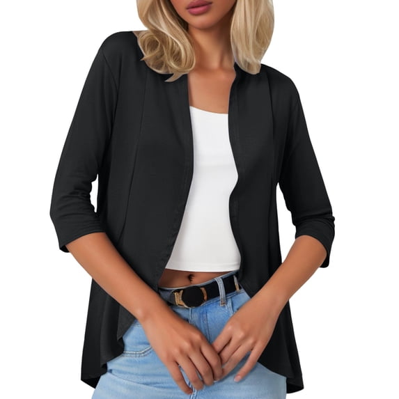 DuoJiaJ Ladies Fashion Casual Solid Color Three Quarter Sleeve Sleeve Cardigan Short Small Coat Cardigan For Women Black