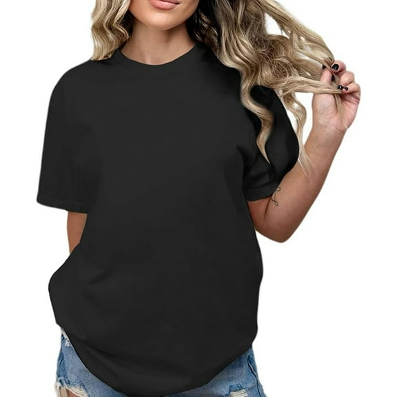 DuoJiaJ Ladies Fashion Casual With Solid Color Cotton T Shirt Loose Top Women’s Summer Tops Black