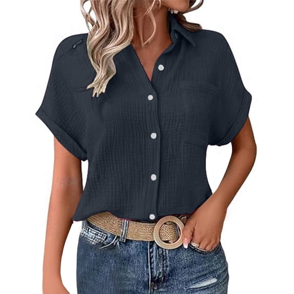 DuoJiaJ Ladies' Fashionable And Casual Solid Color Batsleeved Button Short Sleeved Shirt Women's Short Sleeve Shirts Gray XXL