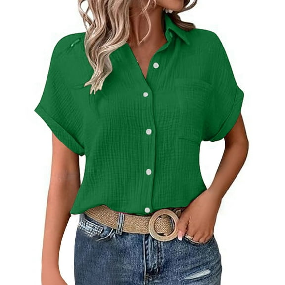 DuoJiaJ Ladies' Fashionable And Casual Solid Color Batsleeved Button Short Sleeved Shirt Women's Short Sleeve Shirts Green XL