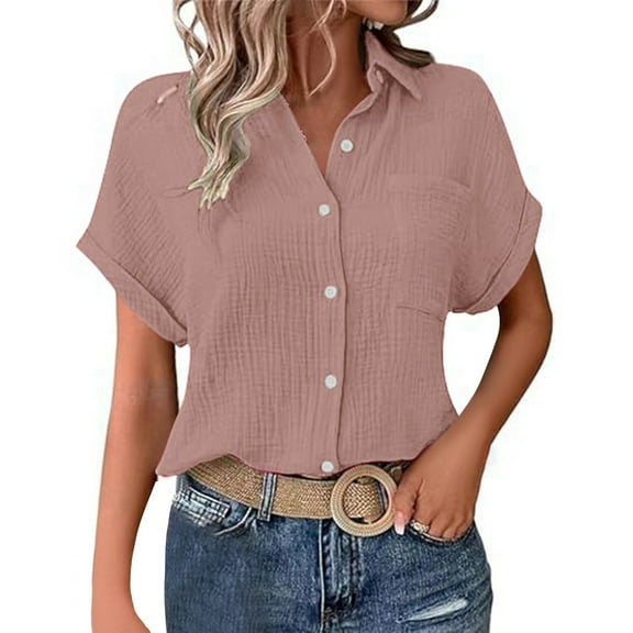 DuoJiaJ Ladies' Fashionable And Casual Solid Color Batsleeved Button Short Sleeved Shirt Women's Short Sleeve Shirts Pink L