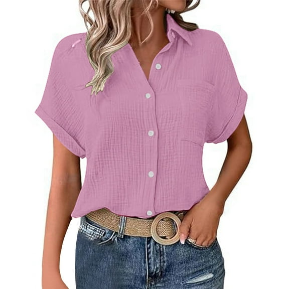 DuoJiaJ Ladies' Fashionable And Casual Solid Color Batsleeved Button Short Sleeved Shirt Women's Short Sleeve Shirts Purple L
