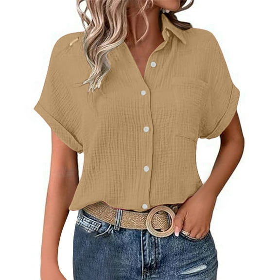 DuoJiaJ Ladies' Fashionable And Casual Solid Color Batsleeved Button Short Sleeved Shirt Women's Short Sleeve Shirts Yellow XL