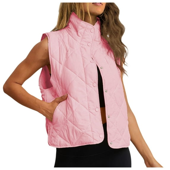 DuoJiaJ Ladies New Quilted Stand Up Collar Lightweight Buttons With Pocket Padded Jacket Vest Women Winter Coat Pink XL
