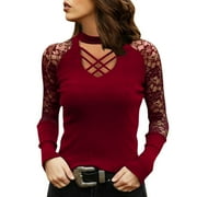 DuoJiaJ Ladies New Slim Elastic U-neck Printed Lace Sexy Long Sleeve Top Women s Crop Tops Red
