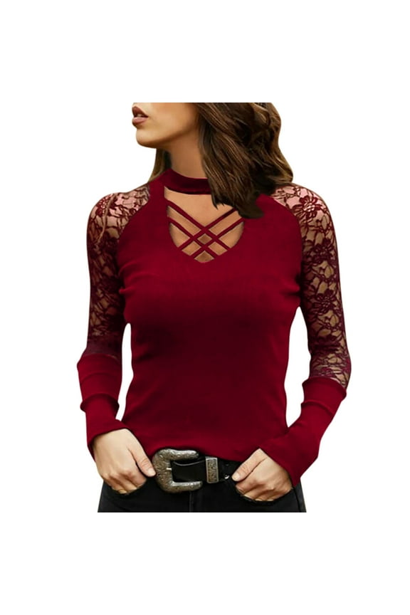 Ladies New Slim Elastic U-neck Printed Lace Sexy Long Sleeve Top Women’s Crop Tops Red