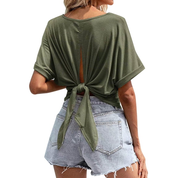 DuoJiaJ Ladies Summer Solid Color Versatile Round Neck Back Bow Loose Bat Short Sleeve T Shirt Women’s Button-Down Shirts Green