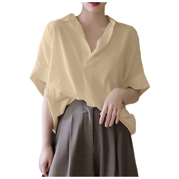 DuoJiaJ Ladies Vintage Shirt Loose Bat Sleeved French V Neck Shirt Short Sleeved Women's Blouses Yellow S