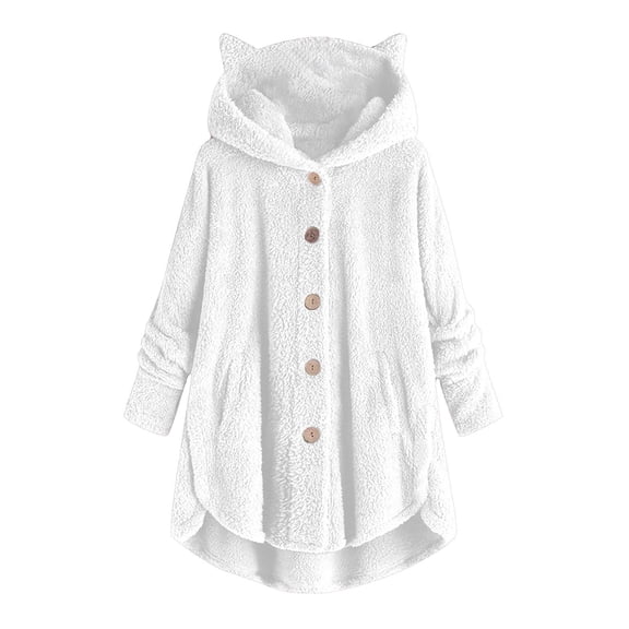 DuoJiaJ Lady Coat And Velvet Coat Cat Ear Hooded Soild Patchwork Button Autumn Winter Plush Womens Down Coat White XXL