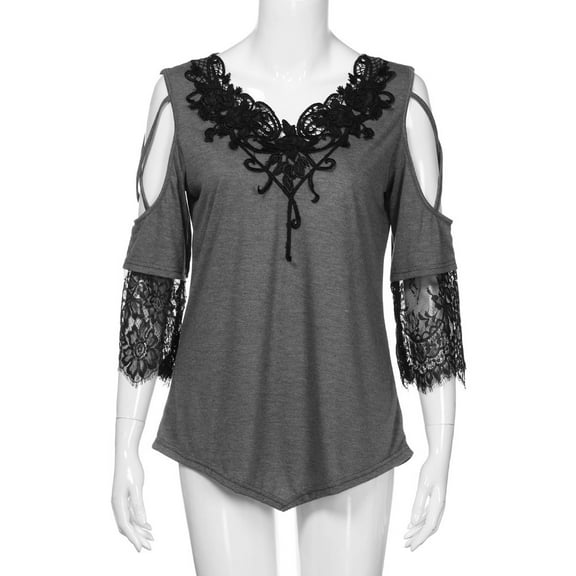 DuoJiaJ Large Size Women Lace Off Shoulder T-Shirt Short Sleeve Casual Top Blouse GY/3XL Women’s T-Shirts Gray