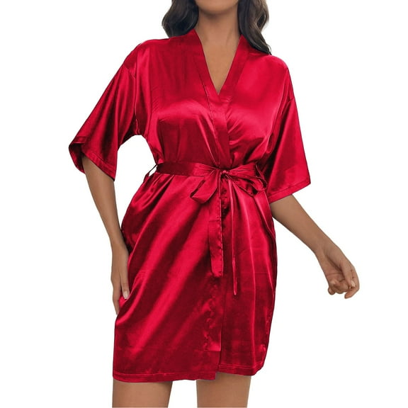 DuoJiaJ Large Women's Nightgown Elastic Tine Bathrobe Solid Color Home Furnishing Women's Robes Pajamas Half Sleeved Silk Nightgown Silk Pajamas For Women Red