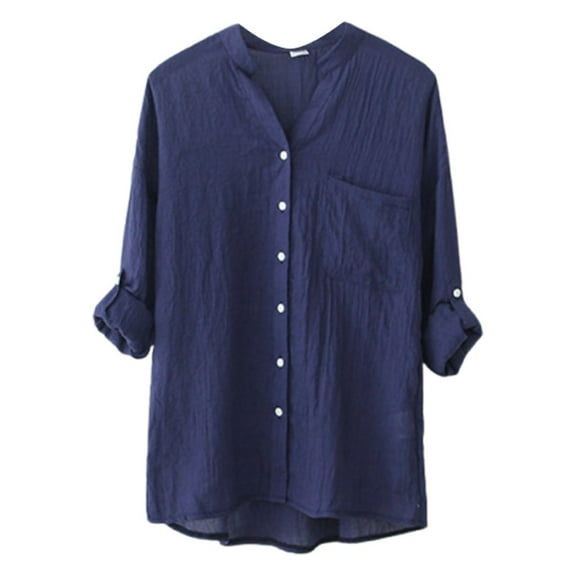 DuoJiaJ Lightweight Women's Linen Sunscreen Shirt Japanese Style Loose Fit 3/4 Sleeve Stand Collar Blouse For Summer Casual Wear Women's Casual Shirts Blue S