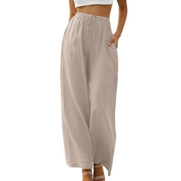 DuoJiaJ Linen High Waisted Wide Leg Palazzo Pants For Women Casual Summer Drawstring Trousers Flowy Beach Pants With Pockets Plus Size Casual Pants