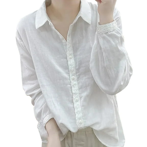 DuoJiaJ Linen Lace Panel Long Sleeve Shirt For Women Loose Fit Vintage Layering Blouse Top Women’s Button-Down Shirts White