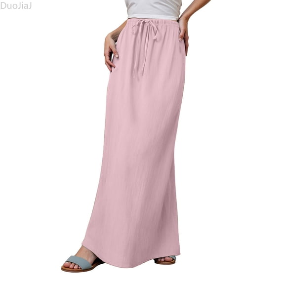 DuoJiaJ Linen Maxi Skirts for Women Trendy Summer Comfy Drawstring Waist A Line Skirts Pink L