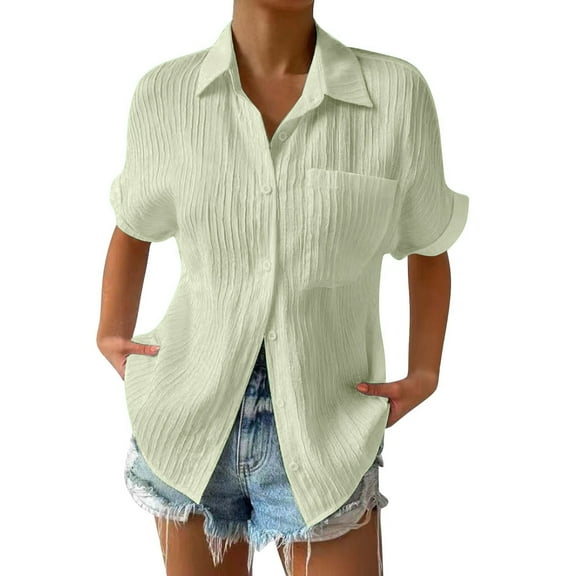 DuoJiaJ Linen Shirts for Women Button Down Shirt Cotton Short Sleeve Collared Loose Fit Blouse Casual Tops Green XXL