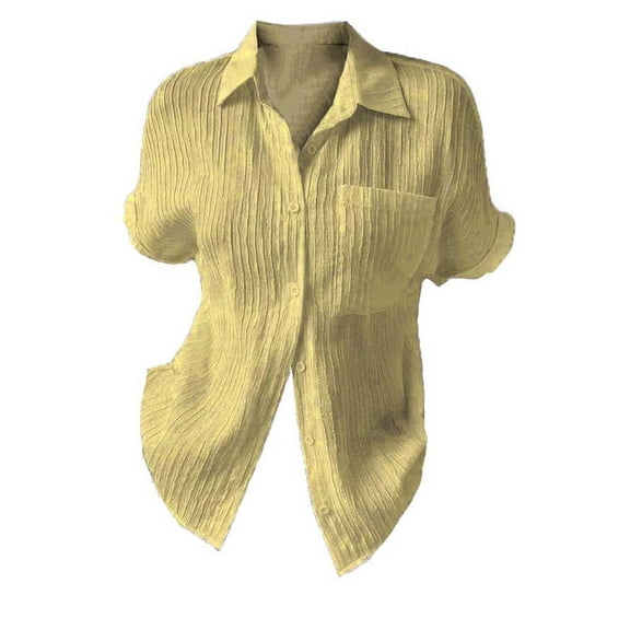 DuoJiaJ Linen Shirts for Women Button Down Shirt Cotton Short Sleeve Collared Loose Fit Blouse Casual Tops Yellow L