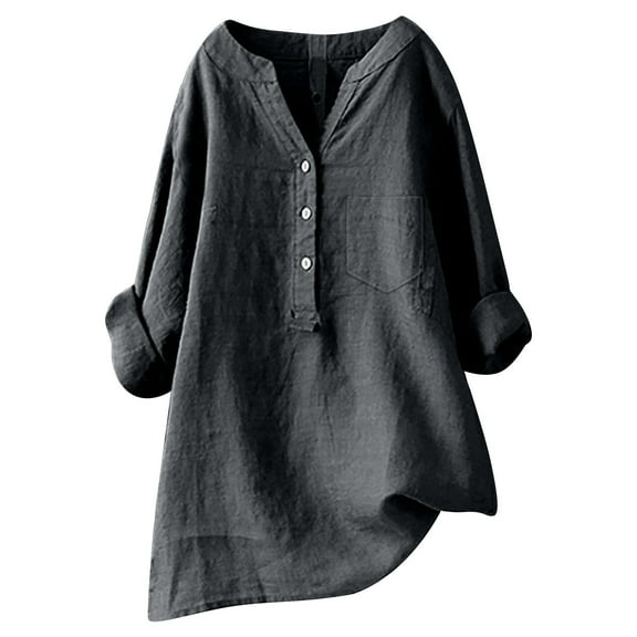 DuoJiaJ Linen Shirts for Womens Long Sleeves Solid V-Neck Button Blouse Tops Plus Size Loose Comfy Casual Work Shirt Top Gray L
