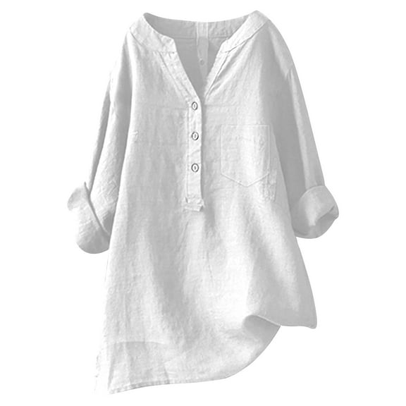 DuoJiaJ Linen Shirts for Womens Long Sleeves Solid V-Neck Button Blouse Tops Plus Size Loose Comfy Casual Work Shirt Top White L