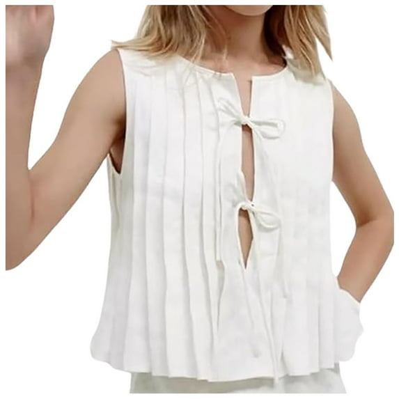 DuoJiaJ Linen Tie Front Tank Top Ruffle Shirt Women Sleeveless Pleated Shirts Casual Vest Cute Shirts Women’s Cami Tanks