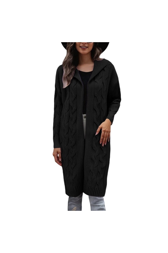 Long Hooded Cardigan Sweater Coat Knit Open Front Outwear Wrap For Fall Winter Casual Plus Size Crewneck Sweater Black XXL