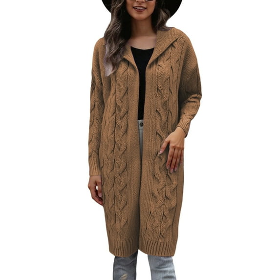 DuoJiaJ Long Hooded Cardigan Sweater Coat Knit Open Front Outwear Wrap For Fall Winter Casual Plus Size Crewneck Sweater Brown XL