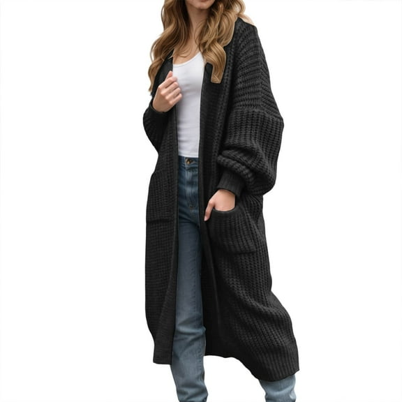 DuoJiaJ Long Knit Sweater Coat With Pockets Oversized Sleeve Open Front Cardigan For Autumn Winter Fashion Casual Warm Outwear Sweaters For Women Clearance Black L