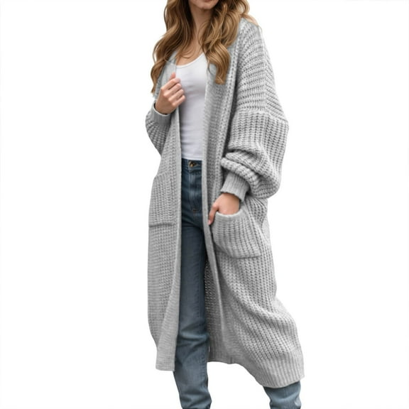 DuoJiaJ Long Knit Sweater Coat With Pockets Oversized Sleeve Open Front Cardigan For Autumn Winter Fashion Casual Warm Outwear Sweaters For Women Clearance Gray L