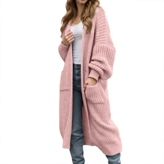 DuoJiaJ Long Knit Sweater Coat With Pockets Oversized Sleeve Open Front Cardigan For Autumn Winter Fashion Casual Warm Outwear Sweaters For Women Clearance Pink L