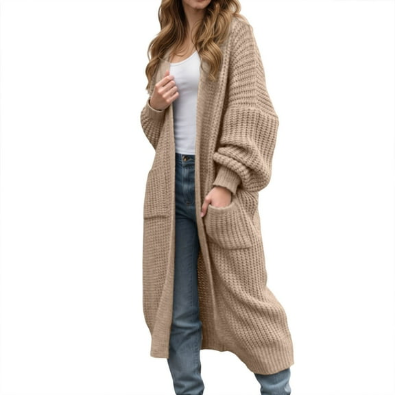DuoJiaJ Long Knit Sweater Coat With Pockets Oversized Sleeve Open Front Cardigan For Autumn Winter Fashion Casual Warm Outwear Sweaters For Women Clearance Yellow L