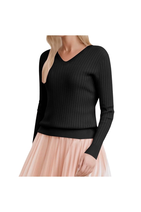 Long Sleeve Shirts For Women V Neck Casual Spring Tops Ribbed Knit Slim Fit Lightweight Pullover Sweaters Oversized Sweaters For Women Black S
