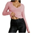 thumbnail image 1 of DuoJiaJ Long Sleeve Shirts for Women Fall Tops V Neck Slim Fitted Ribbed Basic Knit Tee Top Pink L, 1 of 5
