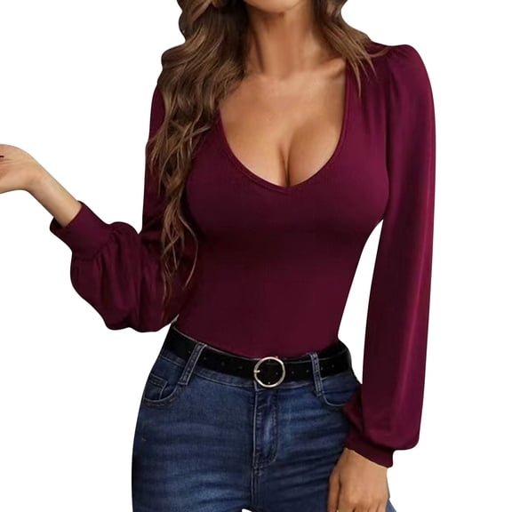 DuoJiaJ Long Sleeves Backless Crop Tops Square Neck Shirts Cutout Pullover Camisoles Streetwear Women’s V-Neck Tops Red