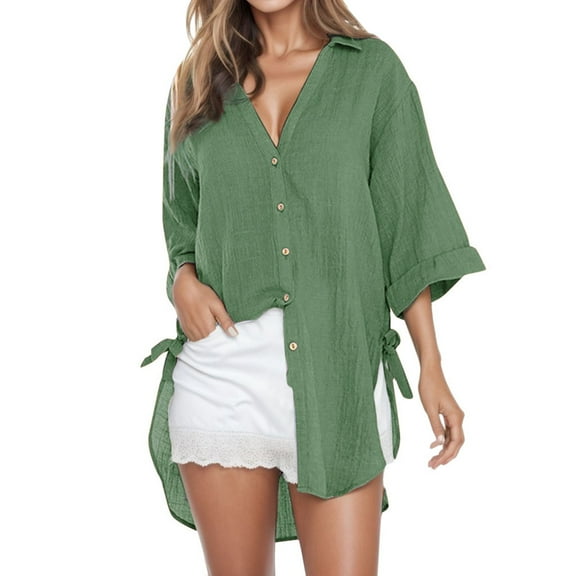 DuoJiaJ Loose Blouse Casual Button Ladies Long T Shirt Shirt Tops Dress Womens Women's Blouse Women's Work Shirts Green M