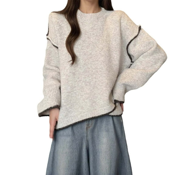 DuoJiaJ Loose Knit Pullover Sweater Soft Casual Long Sleeve For Everyday Comfortable Wear Versatile Fall Winter Blouse Fall Plus Size Tops White One Size