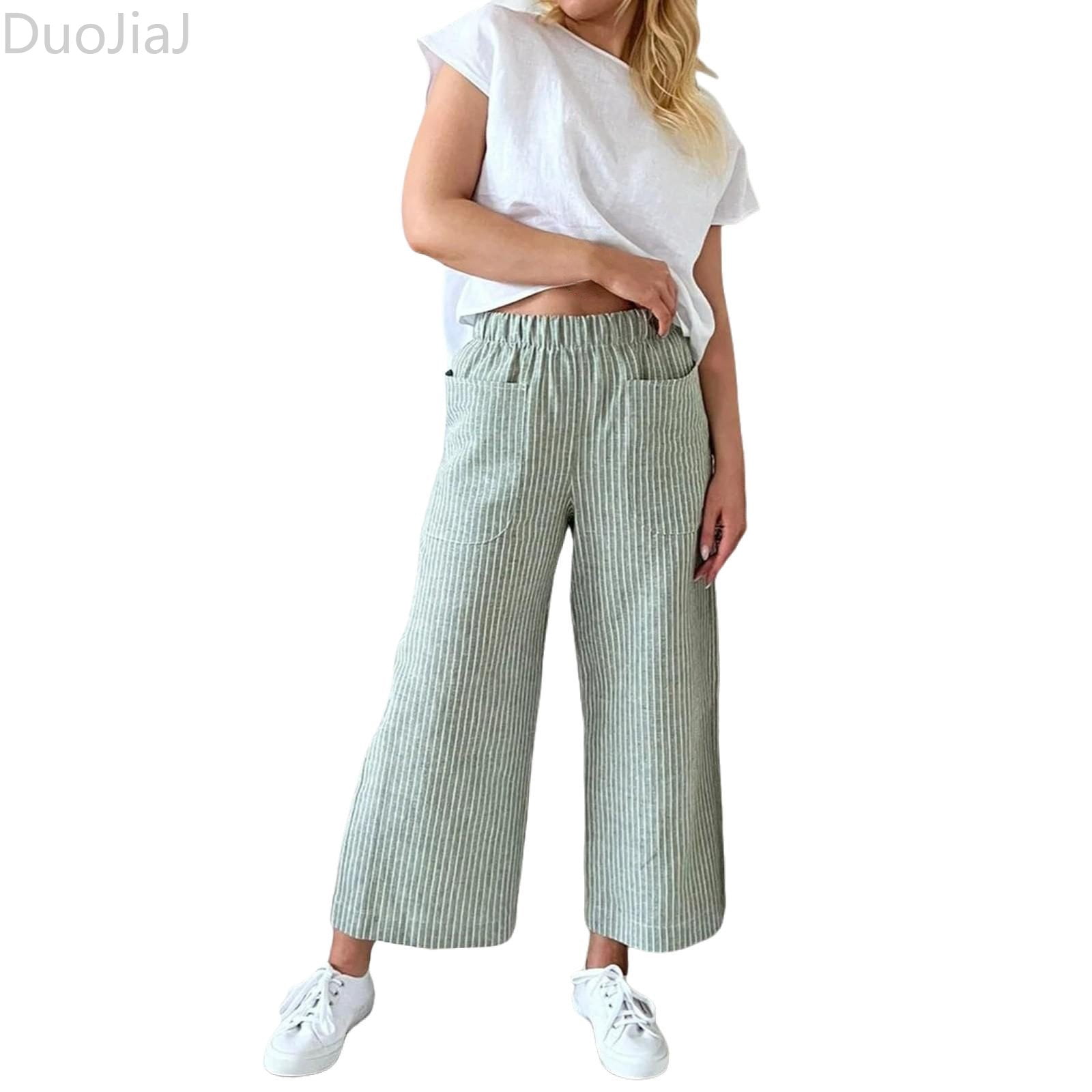 DuoJiaJ Loose Striped Linen Pocket Trousers For Women Women's Wide Leg ...