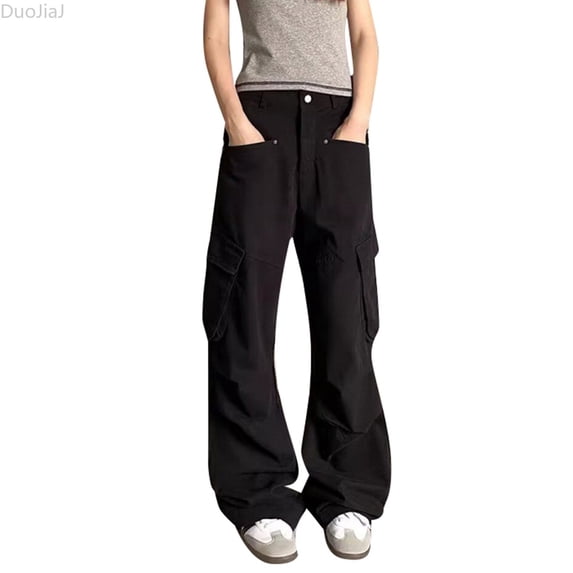 DuoJiaJ Low Waisted Cargo Pants For Women Pockets Baggy Straight Wide Leg Pants Streetwear Women's Cargo Pants Black L