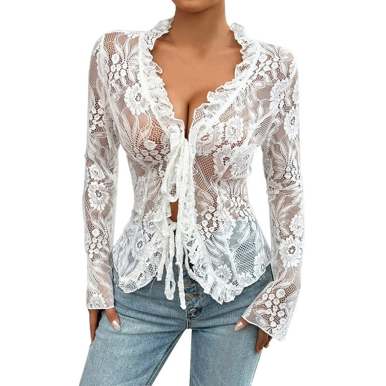 DuoJiaJ Mesh Long Sleeve Lace Tops For Women Sexy Tie Up Front