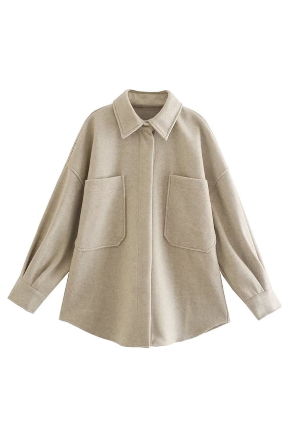 Minimalist Soft Shirt Style Coat With Large Pockets Fashionable Outerwear For Casual And Wear Fall Plus Size Tops Beige L