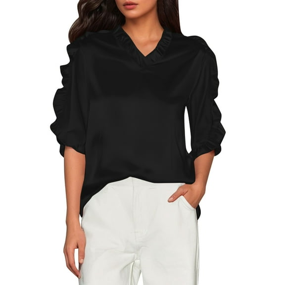 DuoJiaJ Name Women's Summer Solid Color Short Sleeve Ruffle Collar V Neck Blouse Women’s Lace Trim Casual Blouses Black