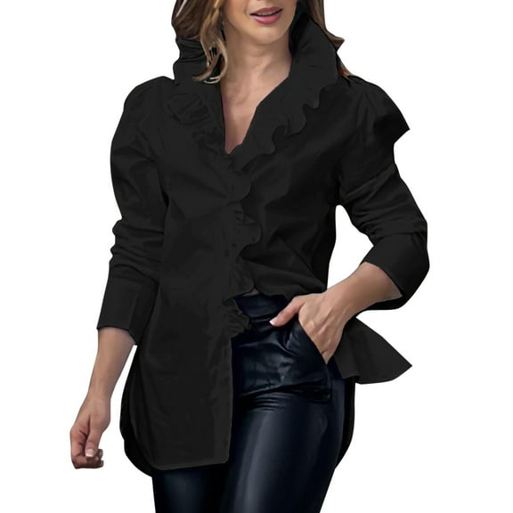 DuoJiaJ New Abstract Print Puff Sleeves Ruffled Collar Women's Shirt Women's Oversized Shirts Black XL