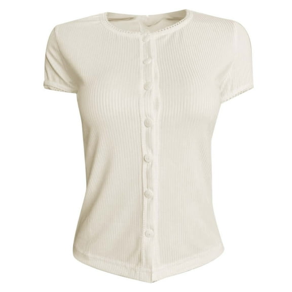 DuoJiaJ New Sexy Hot Girl Button Short Sleeve Threaded Cardigan Top Solid Color T Shirt Women’s Workout Tops Beige