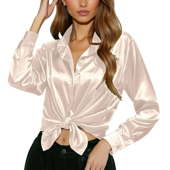 DuoJiaJ New Spring And Summer Fashionable And Casual Women's Satin Imitation Silk Long Sleeved Shirt Women's Work Shirts Beige L